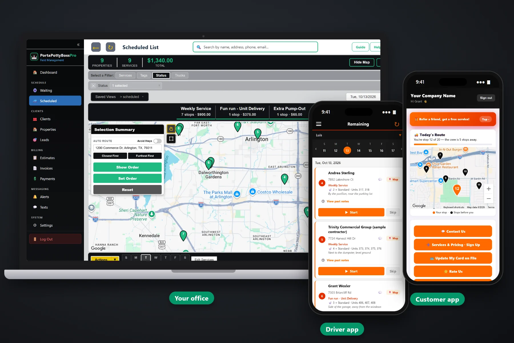 PortaPottyBossPro on a laptop showing the service waiting list and dispatch map, with the driver app and the customer app on two phones